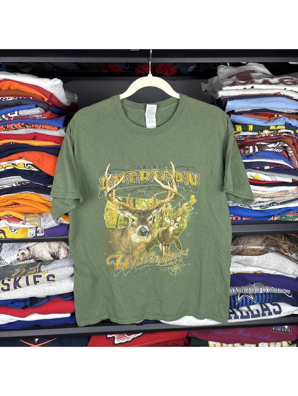 Vintage Y2K Great American Wilderness Deer T Shirt Olive Green Hunting Sz L